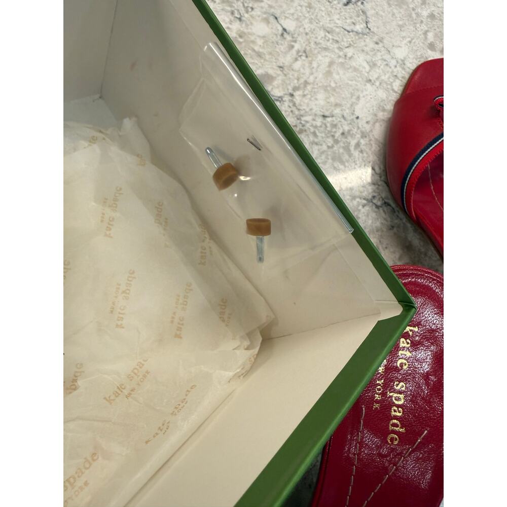 Kate Spade New York Red Leather Slip-on Kitten Heel Blue Striped Bow Size 8 - Picture 6 of 9